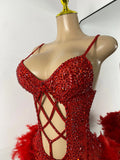 Luxury Women Sexy Shiny Crystal Feathers Hollow Out Bodysuit Nightclub Performance Dance Costume Nightclub Singer Stage Wear
