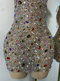 Sparkly Colorful Diamond Sexy Black Sheer See Through Dress Girls Mini Short Prom Dress Birthday Party Club Performance Dress
