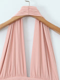 Vacation Pink Backless Mini Dress Female Plunge Neck Sleeveless Slimming Asymmetrical Hem for Urban Street Style
