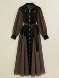 Elegant Patchwork Beading Formal Party Dresses for Women O Neck Long Sleeve Spliced Sheer Mesh Midi Dress Female Clothing