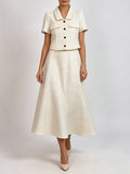 Office Sequin Tweed Two Piece Sets for Women Lapel Short Sleeve Cropped Jacket High Waist Midi A Line Skirt Formal Outfit