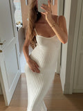 Sexy Knitted Suspender Dress For Women Summer Plunge Slim Long Dress High Waist Elegant Rib Knit Dress Vacation Clothes
