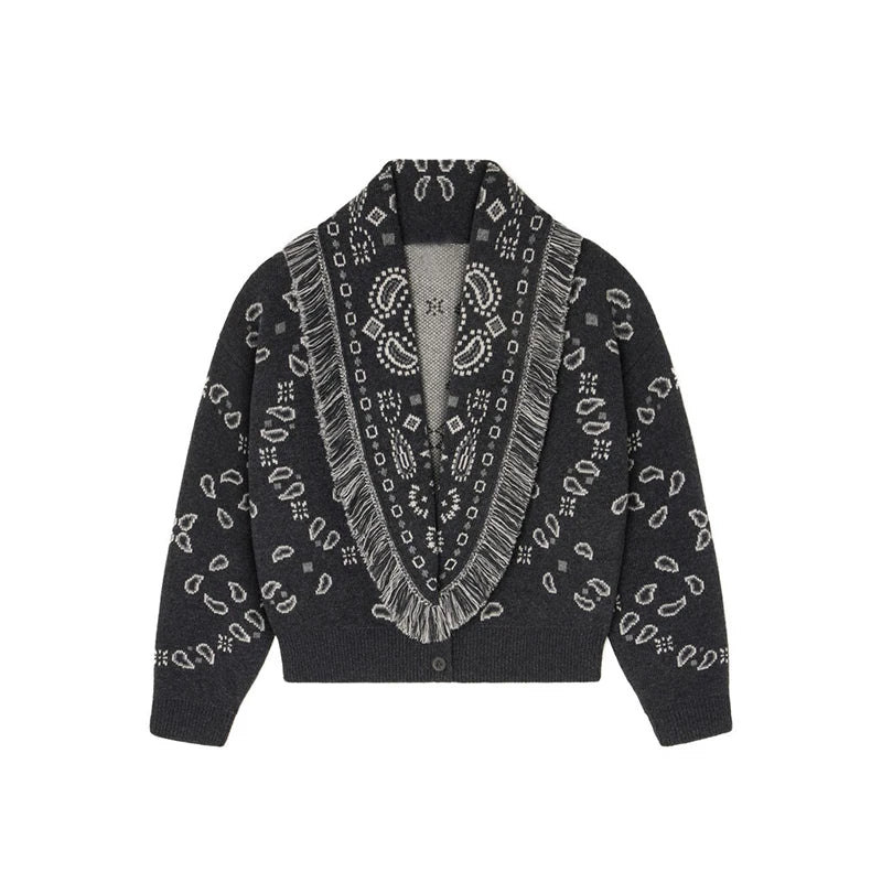 Printed Women Outerwear Tassel V Neck Knit Cardigan Cropped Knit Sweater Loose Drop Shoulder Cut Daily Fashion Wear 2026 Autumn