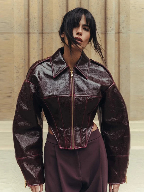 Women's Chic Faux Leather Jacket Fashion Lapel Zipper Irregular Hem Waist Cropped Pu Coat Lady 2026 Spring Chic Street Outerwear