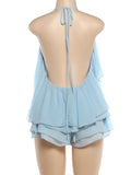 Ruched Elegant 2 Piece Set Woman Tierred Design Halter Backless Irregular Tops+Mini Shorts Beach Party Style Suits
