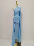 Luxurious Blue Diagonal Collar Sheer Mesh Maxi Dress for Women Off One Shoulder Cape Sleeves Ruched Waist for Dinner Party