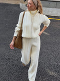 Women Stand Collar Knitted Two Piece Set Belted Long Sleeve Sweater Top Wide Leg Pants 2026 Autumn Winter Casual Knit Outfit