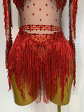 Women Long Sleeve Sexy Stretch Bodycon Shinning Tassels Rhinestones Bodysuit Celebrate Birthday Club Evening Party Stage Outfit