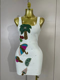 Women Sexy Square Neck Sleeveless Bodycon Bandage Mini Dress Luxury Beaded Tropical Fruit Eveing Party Vacation NightClub Outfit