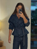 Women Dark Blue Denim Sets Vintage Lapel Belted Peplum Long Sleeve Cuff Top Wide Leg Pants Outfit 2026 Lady Autumn Chic Suits