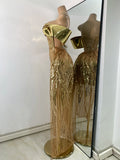 Flashing Gold Long Party Dress Luxury Diamonds Sequins See Thourgh Birthday Gown Sexy Off Shoulder Performance Singer Costume