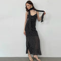 Elegant Polka Dot Long Dress Summer Scarf Ribbon Ruffle Halter Pleated Dress Luxury Sleeveless Women's Evening Dresses