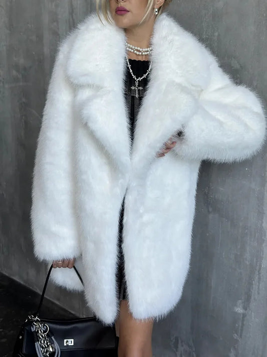 Winter Imitation Fox Fur Mid-length Coat For Women Fashion Artificial Lapel Thicken Streetwear Faux Fur Jacket Lady