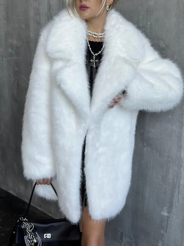 Winter Imitation Fox Fur Mid-length Coat For Women Fashion Artificial Lapel Thicken Streetwear Faux Fur Jacket Lady