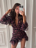 Elegant Flora Painted Ruffle Mini Dress Women Chic Full Sleeve Deep V-neck Slim A-line Short Robe 2026 Lady Vacation Street Gown