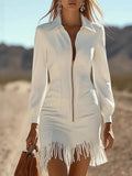 SHENGPALAE Women Dress Mini Long Sleeve Faux Suede Fringe Western Slim Zip Pocket Autumn 2026 New 05E03783