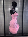 Pink Black Women Sexy Halter Off the Shoulder Sparkly Crystal Ruffles Bodycon Bandage Mini Dress Celebrate Evening Party Outfit