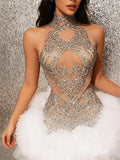 Diamonds Mesh Sexy See Through Cocktail Mini Dress Women Eveing Luxury Birthday Party Singer Nightclub Show Stage Costume