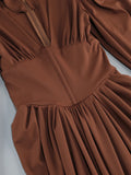 Women Brown Beaded Corset Design Maxi Dress V Neck Long Sleeves Waist Cinching Slim Dresses Fashion Evening Party Gowns