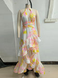 Halter Deep V Maxi Dress for Women Tie back Backless Asymmetrical Ruffle Floral Print Ruched Waist Split for Beach Vacation
