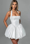 Elegant Red Backless Corset Halter Mini Dress Women Puff Hem Short Dresses Summer Evening Party Birthday Wedding Guest Cocktail