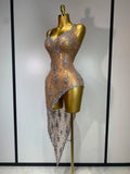 Sparkly Crystal Diamond Gold Sexy See-Through Sheath Dress Nightclub Performance Custome Stage Wear Birthday Evening Party Dress