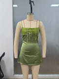 Women Chic Lime Green Satin Slip Skirt Sexy Sequin Fringe Bust Spaghetti Strap Bodycon Mini Dress Summer Party Vacation Wear New