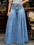 Women Denim Jeans High Waist Super Wide Leg Flared Pleated Washed Streetwear Fashion Casual Summer