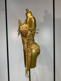 Sexy Strapless Gold Shinning Rhinestone Bodycon Bodysuit With Glove Bar Dancer Nightclub Singer DJ Stage Costume Birthday Outfit