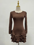 Solid Slimming Spliced Bows Dresses for Women Round Neck Long Sleeves Patchwork Ruffles Fold Dress Female Clothing