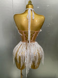 Sexy Pearl Sequins Tassel Sleeveless Glitter Mini Dress Women Singer Bar Nightclub Stage Performance Clothing Show Outfit