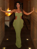 Elegant Hollow Dress Women Solid Patchwork Sleeveless Backless Ruched Stretch Gown Midnight Prom Party Long Bodycon