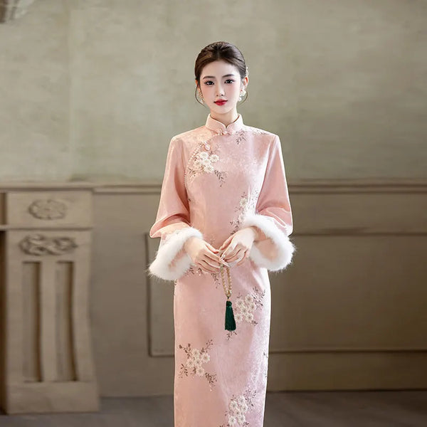 Pink Dress Long sleeved Cheongsam Winter Thick Improvement for Young Women High end Daily Qipao Dress