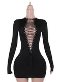 Hollow Shirring Sexy Dress Women Hipster Full Sleeve Coquette Midnight Party Clubwear Stretch Skinny Mini Bodycon