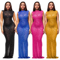 Fall Diamonds Hot Rhinestones O-neck Women Sleeveless Bodycon Long Dress Birthday Party Evening Prom Maxi Dresses