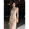 New Chinese Style Dress Halter Beads Qipao Sexy Evening Banquet Gown Women Sleeveless Robe De Soiree Bride Wedding Vestidos