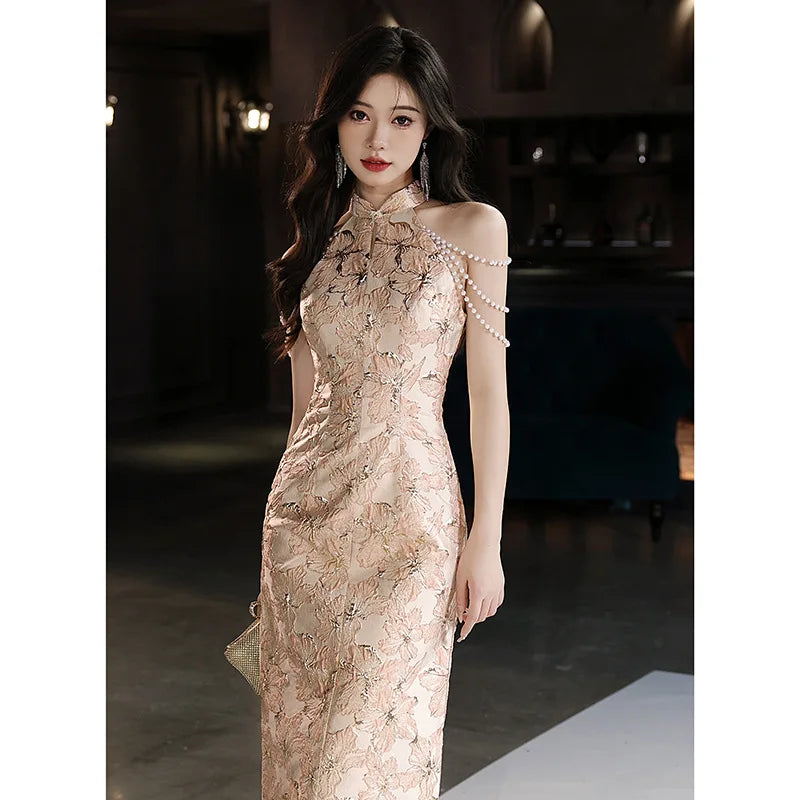 New Chinese Style Dress Halter Beads Qipao Sexy Evening Banquet Gown Women Sleeveless Robe De Soiree Bride Wedding Vestidos