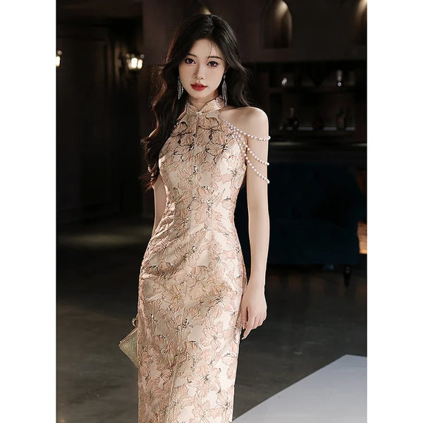 New Chinese Style Dress Halter Beads Qipao Sexy Evening Banquet Gown Women Sleeveless Robe De Soiree Bride Wedding Vestidos