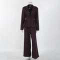 Solid Office Suit for Women Deep V Neck Long Sleeve Spliced Single Button Blazer Wide Trousers Two Piece Set Female