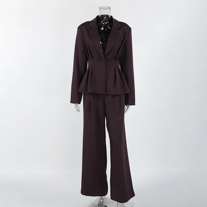 Solid Office Suit for Women Deep V Neck Long Sleeve Spliced Single Button Blazer Wide Trousers Two Piece Set Female