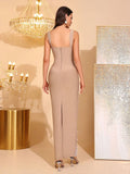 Women'S Luxury Pearl Bead Tight Bandage Long Dress Sexy Square Neck Sleeveless Elegant Evening Wedding Banquet Party Gown