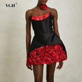 Sexy Party Spliced 3D Rose Dress for Women Strapless Sleeveless High Waist Hit Color Tutu Dresses with Necklace Female New