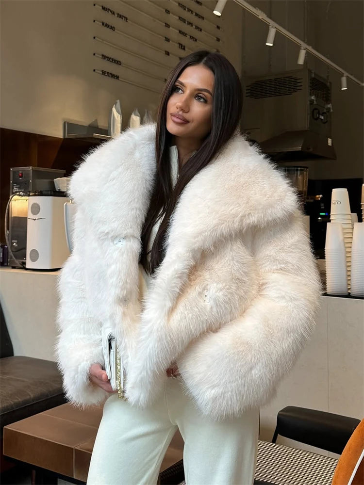 Solid Faux Fur Lapel Women's Coat Luxury Gradient Cropped Fluffy Fur Jacket Coat Winter Thicken Outerwear High Street