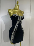 Sexy Strapless Diamond Chain Black Backless Bodycon Bandage Mini Dress Women Elegant Prom Gown Club Evening Party Birthday Dress