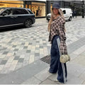 American Retro Sexy Plaid Shirt for Women Lapel Long Sleeve Loose Street Hot Girl Shirts Female Autumn Clothes New
