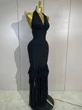 Women Evening Party Prom Gown Birthday Club Dress Sexy Backless Halter Neck Sleeveless Ruffles Pacthwork Bodycon Bandage Dress