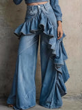 European And American Style Asymmetrical Ruffle Edge Splicing High Waist Wide Leg Jeans For Women Autumn 2026 New