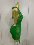 Sexy Sparkly Rhinestones Halter Backless Mesh Velour Short Dress Women Evening Prom Celebrate Birthday Party Stage Wear