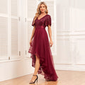 Women Elegant V-neck Ruffle Short Sleeve Evening Dress A-Line Fluffy Gauze Irregular Party Dress Formal High-Low Vestidos