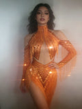 Women Sparkly Diamond Orange Tassel Latin Dance Outfits Long Sleeves Mesh Transparent Dress Bar Nightclub Party Club Stage Wear